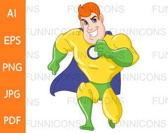 Clipart cartoon of a happy super hero superhero man running forward, ai eps png jpg and pdf files included, digital files instant download.