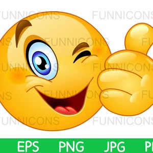 Clipart przedstawiający radosną emotikonkę mrugającą i pokazującą kciuk do góry, jak gest, pliki ai eps png jpg i pdf, pliki cyfrowe do pobrania.