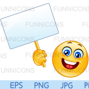 Clipart przedstawiający wesołą emotikonkę trzymającą pusty znak, dołączone pliki ai eps png jpg i pdf, możliwość natychmiastowego pobrania plików cyfrowych.