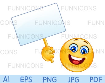 Clipart Cartoon eines fröhlichen Emoticons der ein leeres Schild hält, ai eps png jpg und pdf Dateien inklusive, digitale Dateien sofort download.