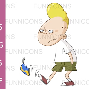 Caricatura prediseñada de un adolescente hosco caminando y pateando una lata, ai eps png jpg y archivos pdf incluidos, archivos digitales de descarga instantánea.
