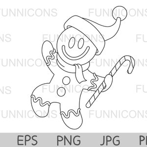 May include: A black and white line drawing of a gingerbread man wearing a Santa hat and holding a candy cane. The gingerbread man is smiling and has a button nose.