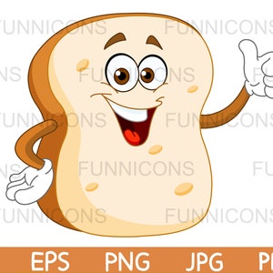 Clipart cartoon of a happy bread slice showing thumb up, ai eps png jpg and pdf files included, digital files instant download.