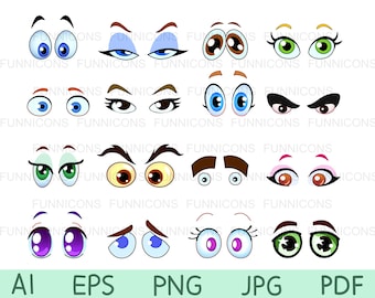 Paquete de imágenes prediseñadas de ojos de dibujos animados, ai eps png jpg y archivos pdf incluidos, archivos digitales descarga instantánea.