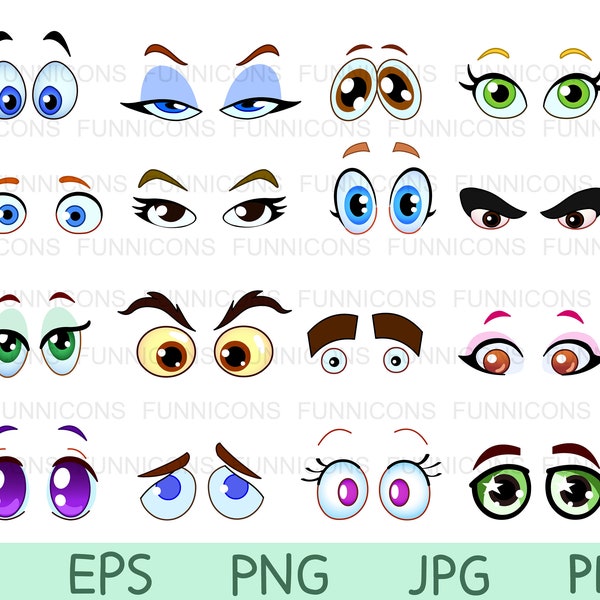 Clipart bundle of cartoon eyes, ai eps png jpg et fichiers pdf inclus, fichiers numériques téléchargement instantané.