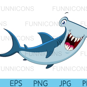 Clipart cartoon of a happy hammerhead shark smiling, animal fish illustration, ai eps png jpg and pdf files, digital files download.