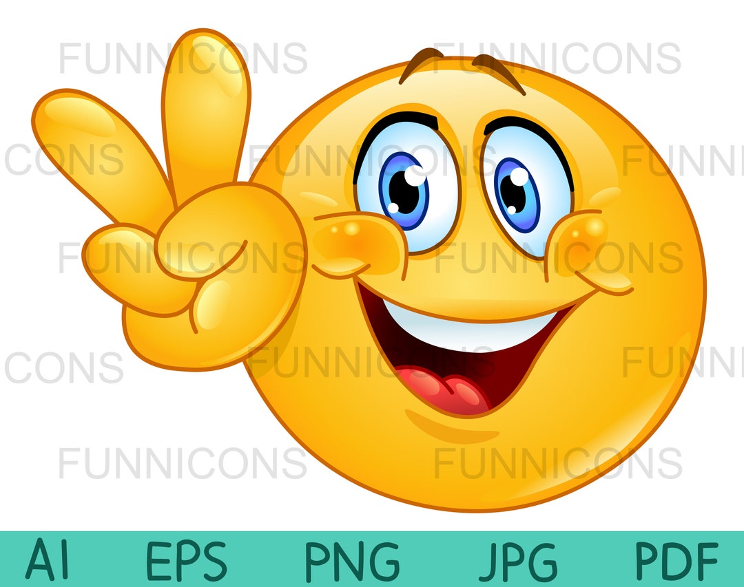 V サインをしている幸せな顔文字のクリップアート。平和、勝利、または