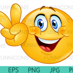 Clipart de un emoticón feliz haciendo el signo V. gesto de paz, victoria o vegano, archivos ai eps png jpg y pdf, descarga de archivos digitales.