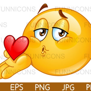 Cartoon clipart di emoticon che soffia o lancia un bacio con cuore rosso, file ai eps png jpg e pdf inclusi, download di file digitali.