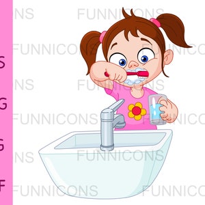 Clipart dessin animé d’une jeune fille se brossant les dents sur un évier, ai eps png jpg et fichiers pdf inclus, fichiers numériques téléchargement instantané.