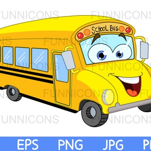 Caricatura clipart de un personaje de autobús escolar feliz, regreso a la escuela, ai eps png jpg y archivos pdf incluidos, archivos digitales de descarga instantánea.