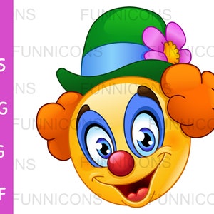 Desenho animado clipart de um rosto de emoticon de palhaço feliz, arquivos ai eps png jpg e pdf incluídos, download instantâneo de arquivos digitais.