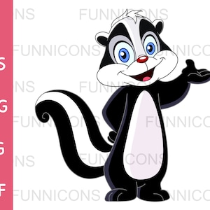 Peut inclure: Un putois de dessin animé avec une queue rayée de noir et de blanc, portant une chemise blanche et un pantalon noir, sourit et salue de la main droite.