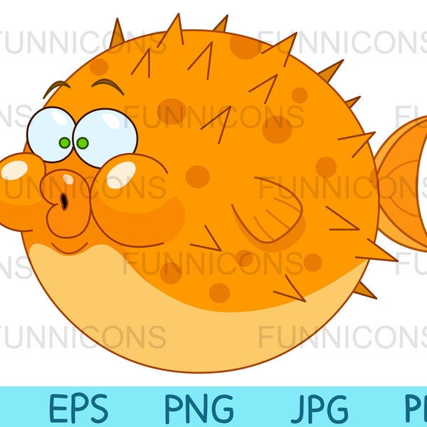 Clipart cartoon of a funny pufferfish blowfish, puffer fish, ai eps png jpg and pdf files included, digital files instant download.