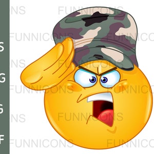 Clipart Cartoon eines Soldaten Emoticon salutieren, ai eps png jpg und pdf-Dateien enthalten, digitale Dateien sofortiger Download.