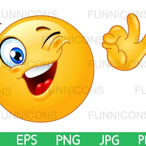 Desenho animado clipart de um emoticon piscando e mostrando sinal de OK, arquivos ai eps png jpg e pdf incluídos, download instantâneo de arquivos digitais.