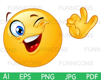 Clipart Cartoon eines Emoticons der zwinkert und OK Zeichen zeigt, ai eps png jpg und pdf Dateien inklusive, digitale Dateien sofort download.