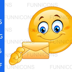 Clipart cartoon van een lachende emoticon met een brievenvelop, ai eps png jpg pdf-bestanden inbegrepen, digitale bestanden direct downloaden.