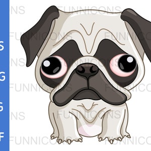 Dibujos animados clipart de un perro cachorro pug con ojos grandes, ilustración animal, ai eps png jpg y archivos pdf incluidos, descarga de archivos digitales.
