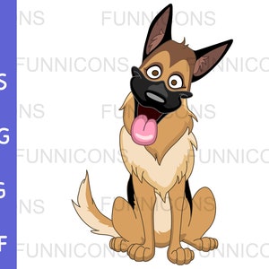 Clipart cartoon of happy German shepherd dog sitting with tongue out, animal illustration, ai eps png jpg pdf files, digital files download.