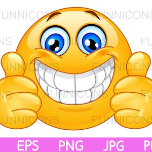 Clipart cartoon van een emoticon met een grote glimlach die twee duimen omhoog geeft, ai eps png jpg en pdf-bestanden inbegrepen, digitale bestanden downloaden.