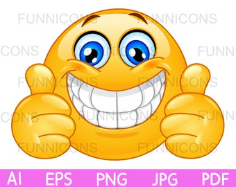 Cartoon clipart di un'emoticon con un grande sorriso che dà due pollici in su, file ai eps png jpg e pdf inclusi, download di file digitali.