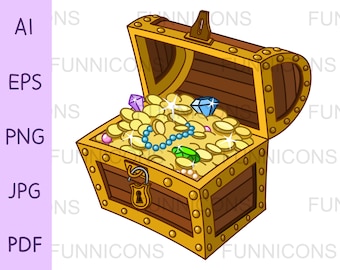 Treasure Chest Clipart Cartoon, Vector Illustration, ai eps png pdf y jpg archivos incluidos, archivos digitales descarga instantánea.