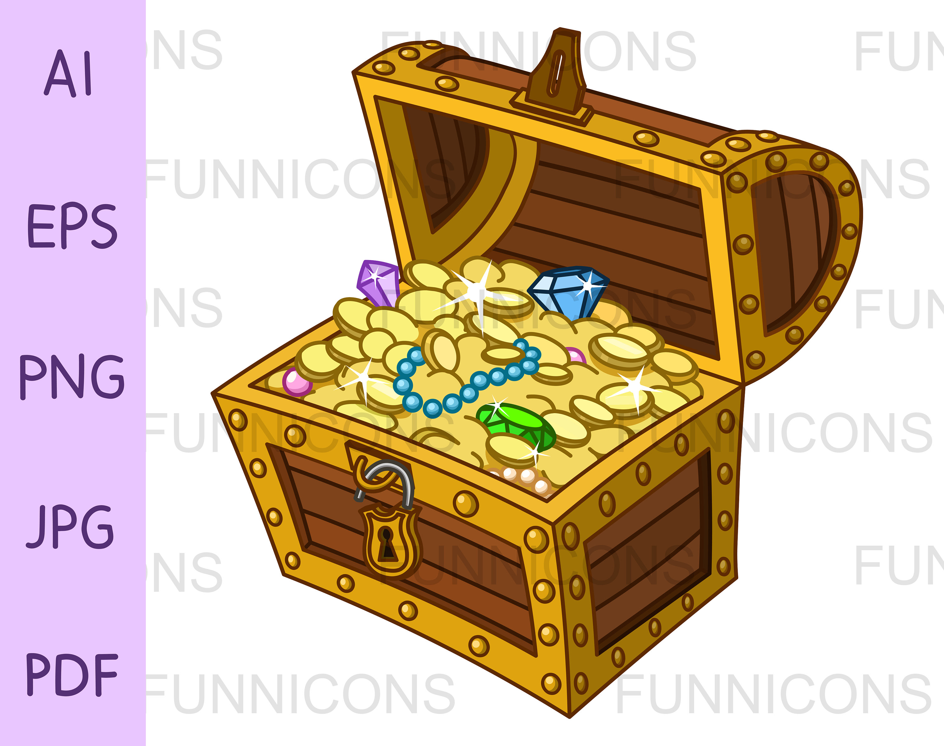 Treasure Chest Clipart Cartoon, Vector Illustration, Ai Eps Png Pdf and Jpg  Files Included, Digital Files Instant Download. 