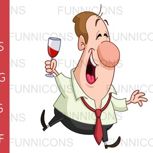 May include: A cartoon man with a big smile and a red tie is holding a glass of red wine. He is wearing a white shirt and black pants. He is walking and laughing.