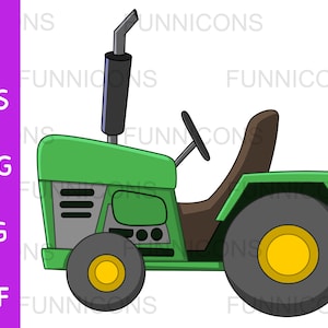 Dibujos animados prediseñados de un tractor verde, ilustración de vehículos, ai eps png jpg y archivos pdf incluidos, archivos digitales de descarga instantánea.