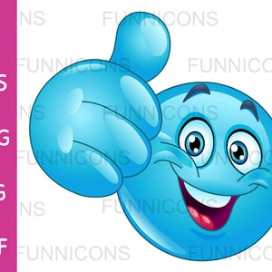 Desenho animado clipart de um emoticon azul feliz aparecendo o polegar para cima, como um gesto, ai eps png jpg arquivos pdf incluídos, download de arquivos digitais.