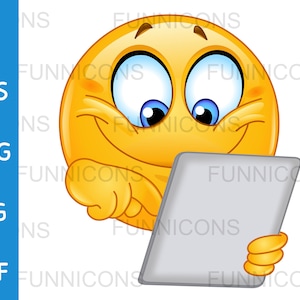 Puede incluir: Un emoji amarillo con ojos azules y una amplia sonrisa, sosteniendo una tableta gris. El emoji está sonriendo y mirando la tableta. El texto en el lado izquierdo de la imagen dice: AI, EPS, PNG, JPG, PDF.