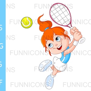 Clipart cartoon of a tennis girl with racket and ball, ai eps png jpg and pdf files included, digital files instant download.