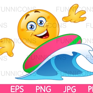 Clipart przedstawiający radosnego emotikona surfera surfującego na fali, dołączone pliki ai eps png jpg i pdf, możliwość pobrania plików cyfrowych.