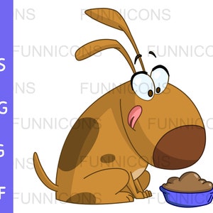 Clipart cartoon of a happy hungry dog licking his chops over a bowl of food ready to eat, ai eps png jpg pdf files, digital files download.