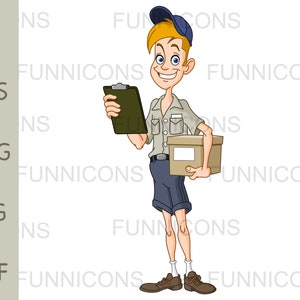 Clipart cartoon van een gelukkige postbode of bezorger met een pakket, ai eps png jpg en pdf-bestanden inbegrepen, digitale bestanden te downloaden.