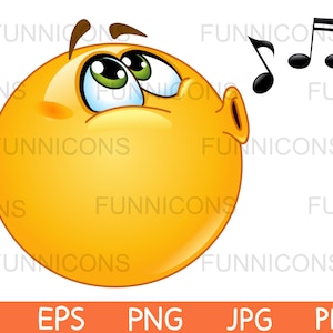 Clipart przedstawiający emotikonkę gwiżdżącą z nutami, dołączone pliki ai eps png jpg i pdf, możliwość natychmiastowego pobrania plików cyfrowych.