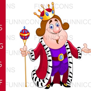Dibujos animados clipart de un rey con un cetro y una corona, ai eps png jpg y archivos pdf incluidos, archivos digitales de descarga instantánea.