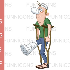 Dessin animé Clipart d’un homme blessé en bandages et moulé marchant avec des béquilles, fichiers ai eps png jpg et pdf inclus, téléchargement de fichiers numériques.