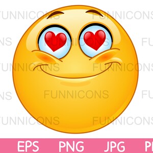 Cartoon clipart di emoticon innamorata con occhi a cuore, file ai eps png jpg e pdf inclusi, download immediato di file digitali.