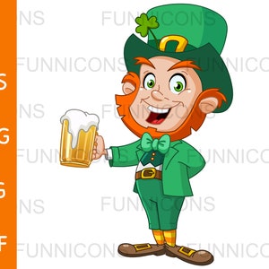 St. Patrick’s Day clipart cartoon of a happy leprechaun elf holding beer, ai eps png jpg and pdf files included, digital files download.