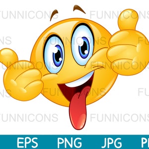 Desenho animado clipart de um emoticon feliz mostrando os polegares para fora e mostrando a língua, ai eps png jpg arquivos pdf, download de arquivos digitais.