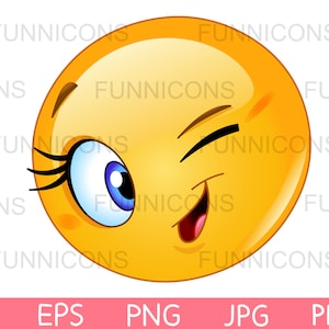 Dibujos animados de imágenes prediseñadas de un emoticono femenino feliz guiñando un ojo, ai eps png jpg y archivos pdf incluidos, archivos digitales descarga instantánea.