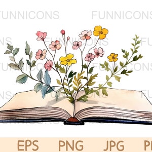 Clipart vector aquarel schilderij van bloemen groeien uit een oud open boek, met de hand geschilderd, ai eps png jpg pdf-bestanden, digitale bestanden downloaden.