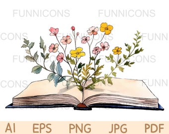 Clipart vector watercolor painting of flowers growing from an old open book, hand-painted, ai eps png jpg pdf files, digital files download.