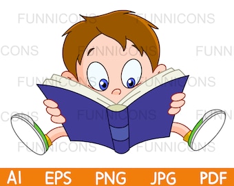 Back to School Clipart cartoon of a young boy kid reading a book, ai eps png jpg and pdf files included, digital files instant download.