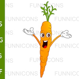 Caricatura prediseñada de un personaje de zanahoria feliz levantando los brazos, ilustración vegetal, ai eps png jpg y archivos pdf, descarga de archivos digitales.