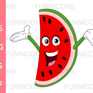 May include: A cartoon watermelon with a smiling face and outstretched arms, wearing white gloves. The watermelon is red with black seeds and a green rind.