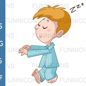 May include: A cartoon illustration of a young boy in blue pajamas with white stripes, walking while asleep. He has red hair and is wearing a sleepy expression. The text "zzz" is above his head.