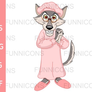 Dibujos animados clipart de cuento de hadas de lobo caperucita roja en pijama de la abuela, ai eps png jpg y archivos pdf, descarga de archivos digitales.